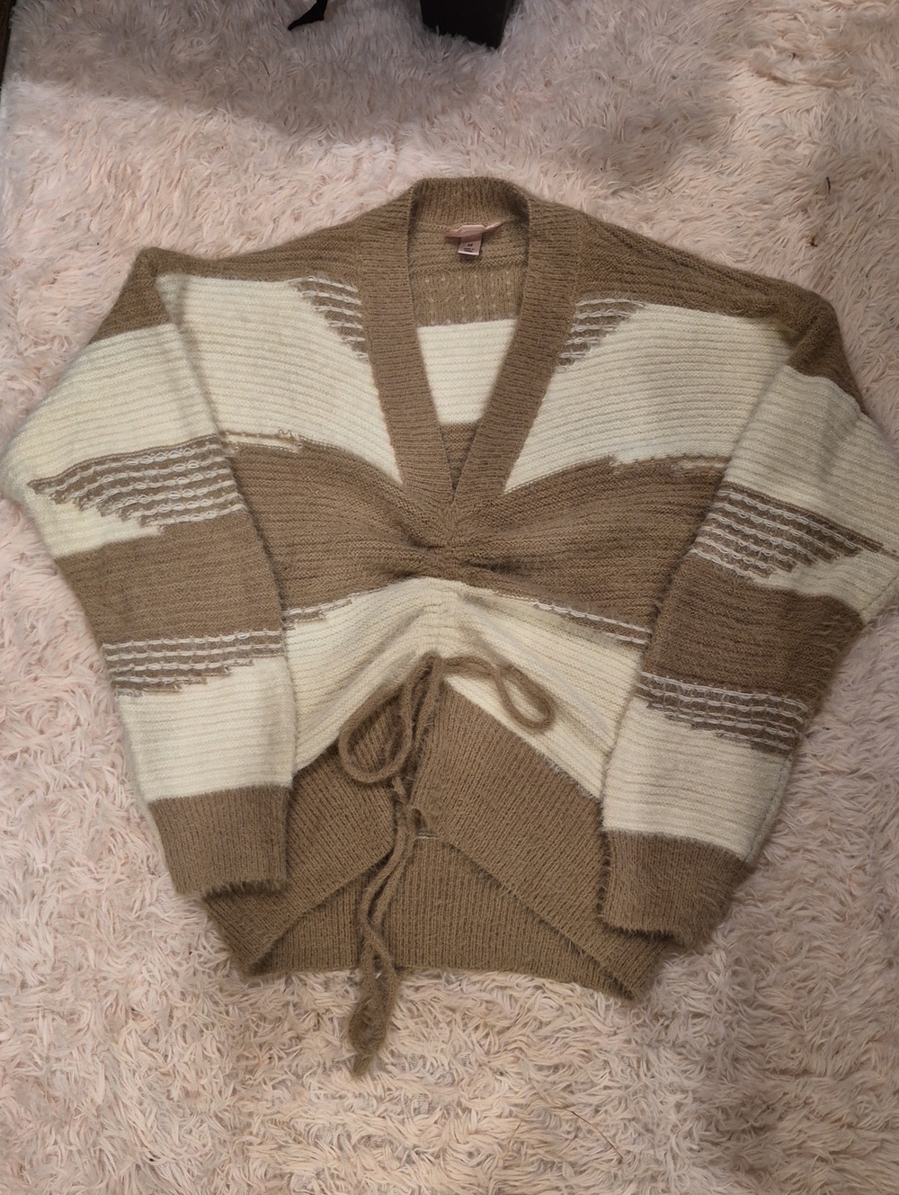 Striped V-Neck Tie-Front Sweater — Cream & Brown